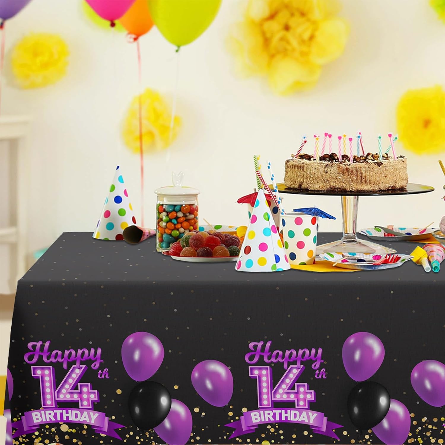 14th Birthday Tablecloth Purple Black Rectangle Glitter Decor