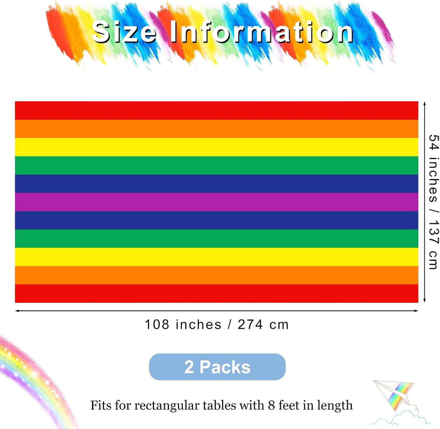 Fovths 2 Pack Rainbow Stripe Plastic Tablecloth for Rectangular Tables