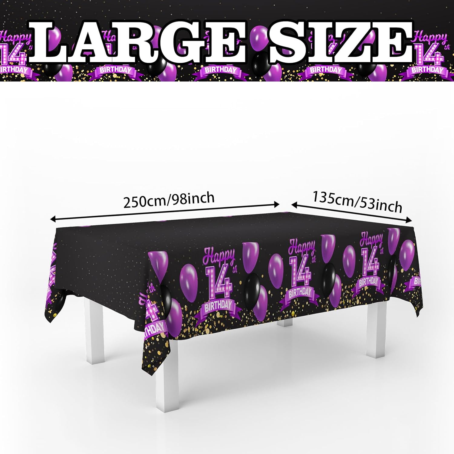 14th Birthday Tablecloth Purple Black Rectangle Glitter Decor