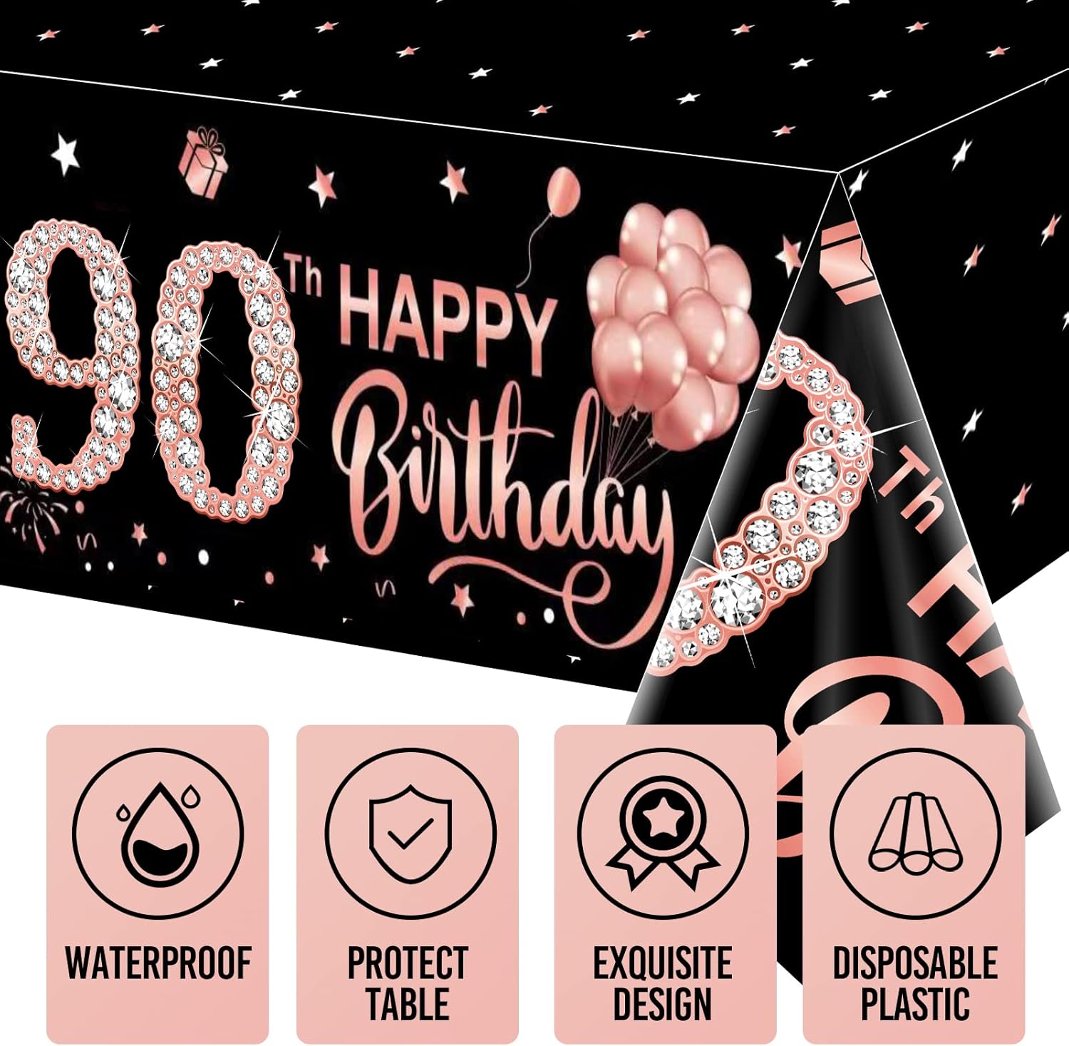 3 Pack Rose Gold Happy 90th Birthday Table Cover