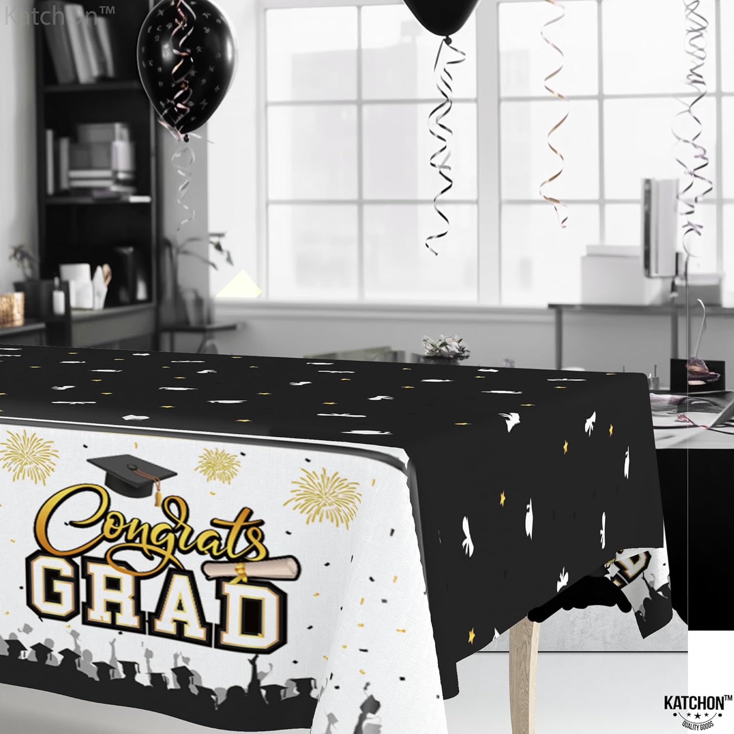 KatchOn Black and Gold Graduation Tablecloth 108x54 Inch Pack of 3