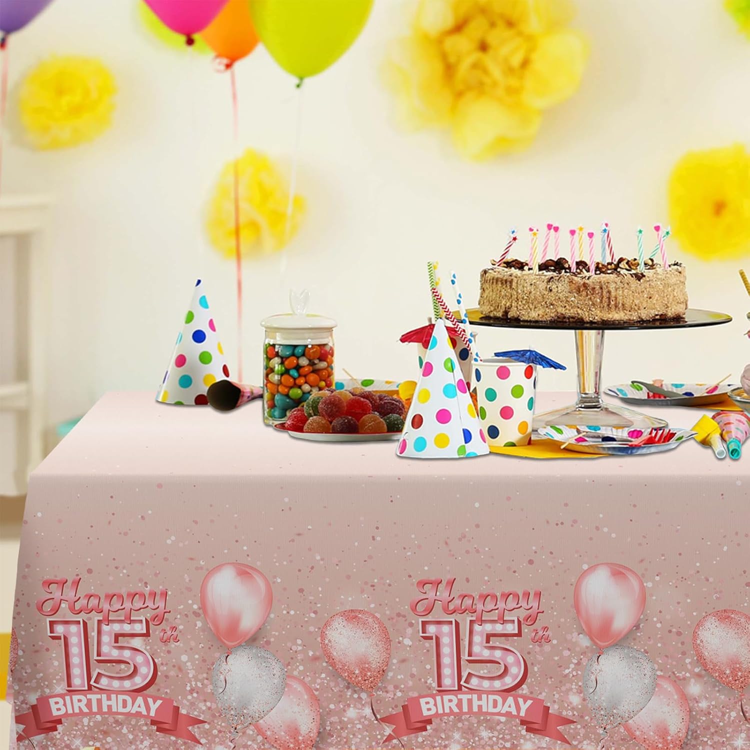 15th Birthday Glitter Tablecloth for Indoor Outdoor Events