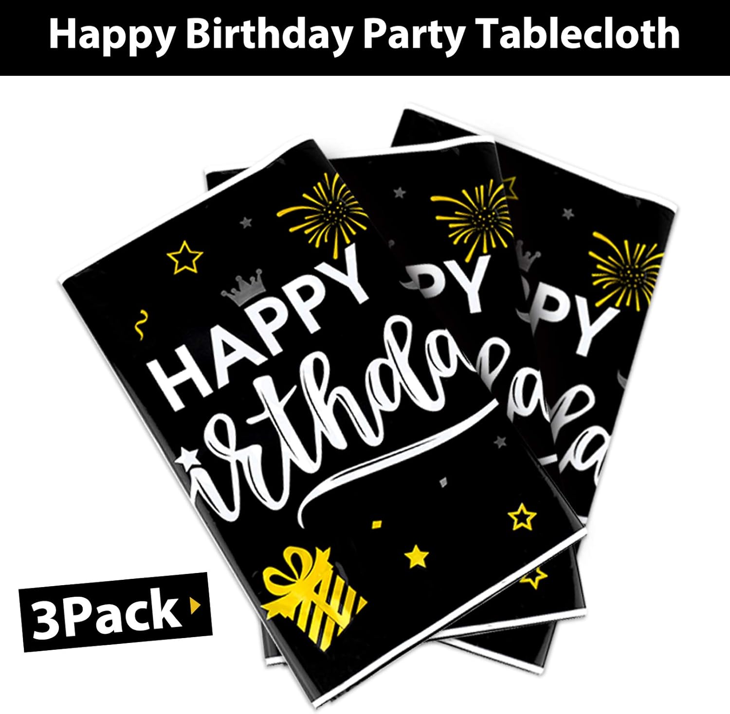 3pcs Black and Gold Birthday Tablecloth for Men Women