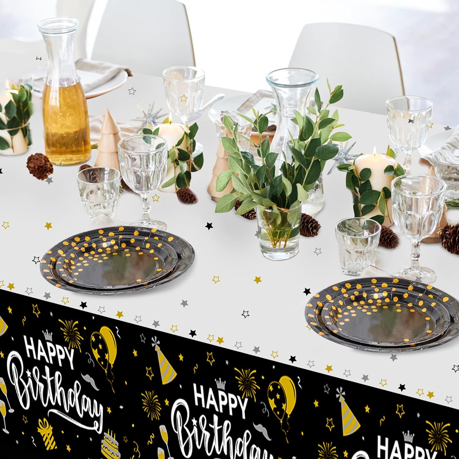 3pcs Black and Gold Birthday Tablecloth for Men Women