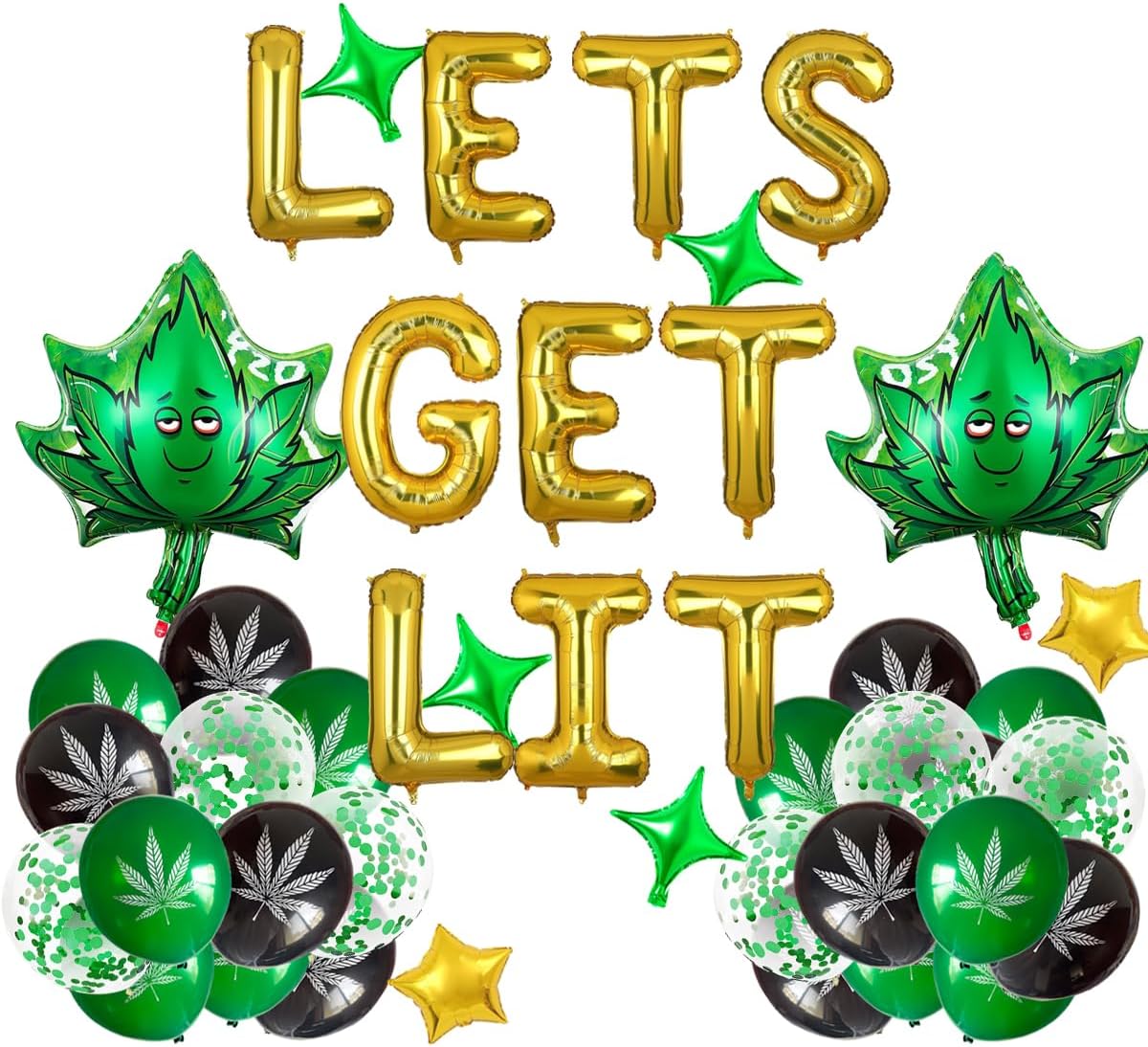 Weed Party Balloons with Gold Banner and Confetti