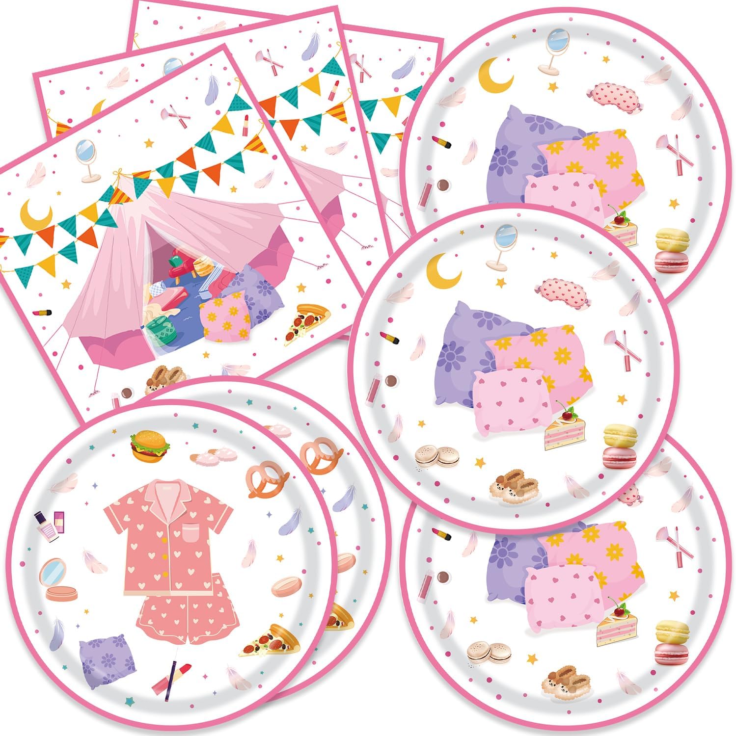 48Pcs Sleepover Party Tableware for 24 Guests