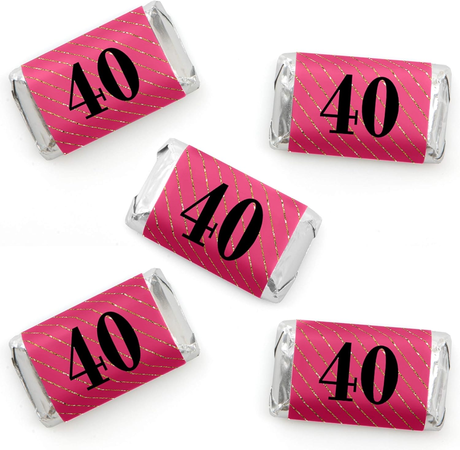 Chic 40th Birthday Pink Black Gold Mini Candy Bar Wrappers 40 Count