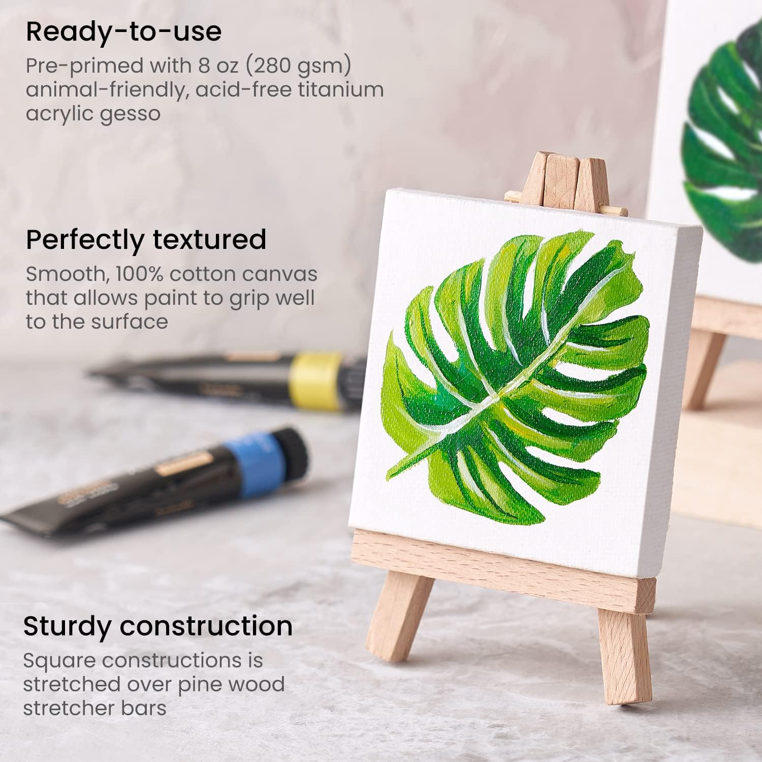 ARTEZA 14-Pack Mini Stretched Canvases for Painting 3x3 Inches with Easels