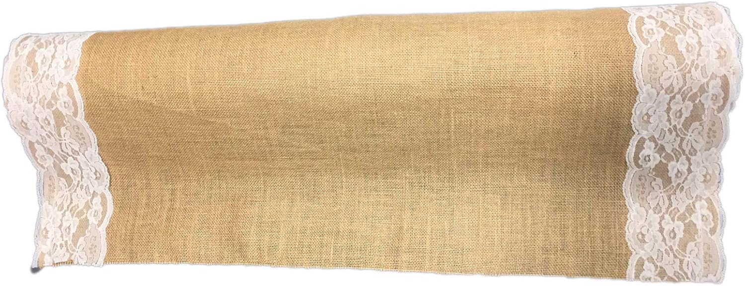 AAYU 75 ft Burlap Wedding Aisle Runner with Ivory Lace