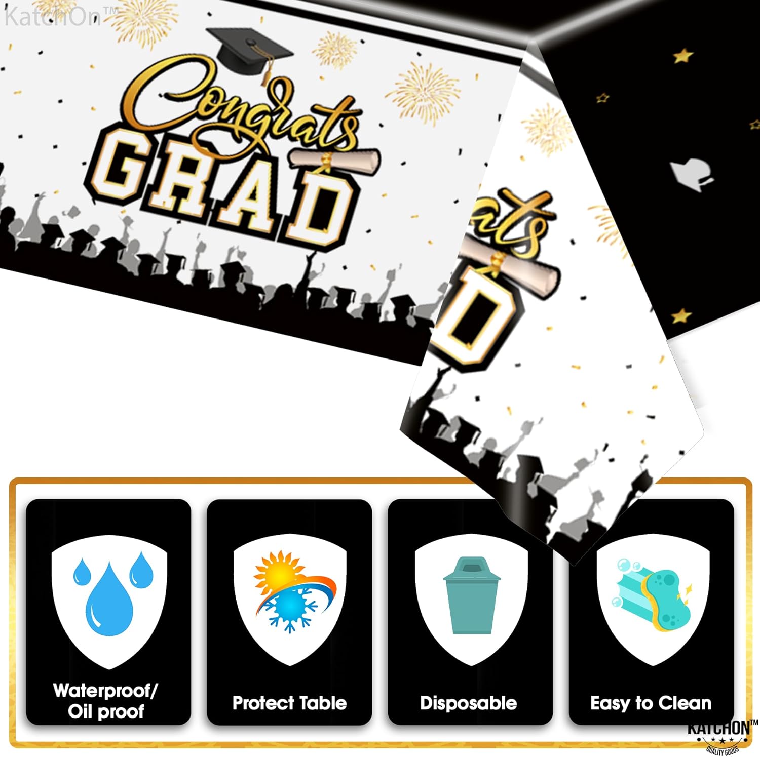 KatchOn Black and Gold Graduation Tablecloth 108x54 Inch Pack of 3