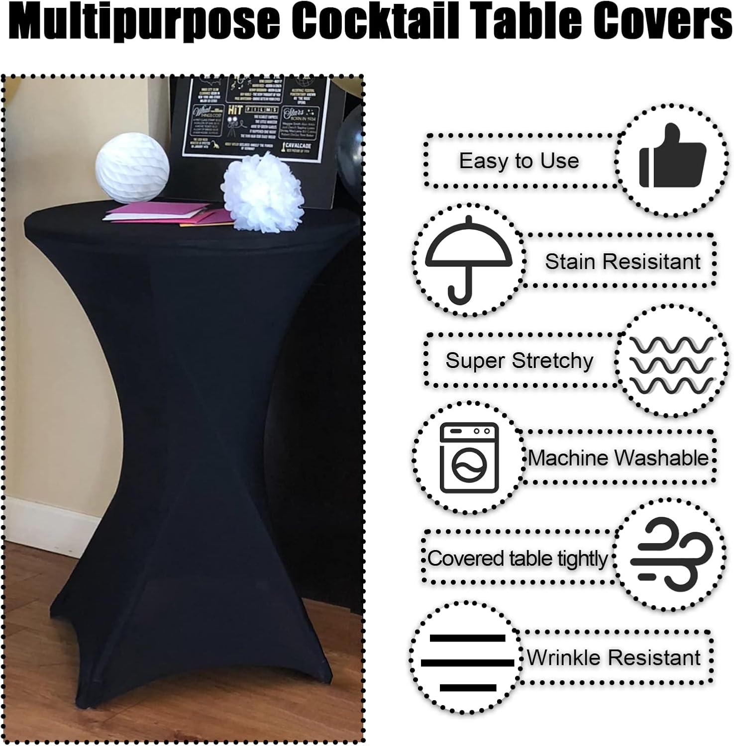 SUNTQ Stretch Black Spandex Cocktail Table Cover 32x43