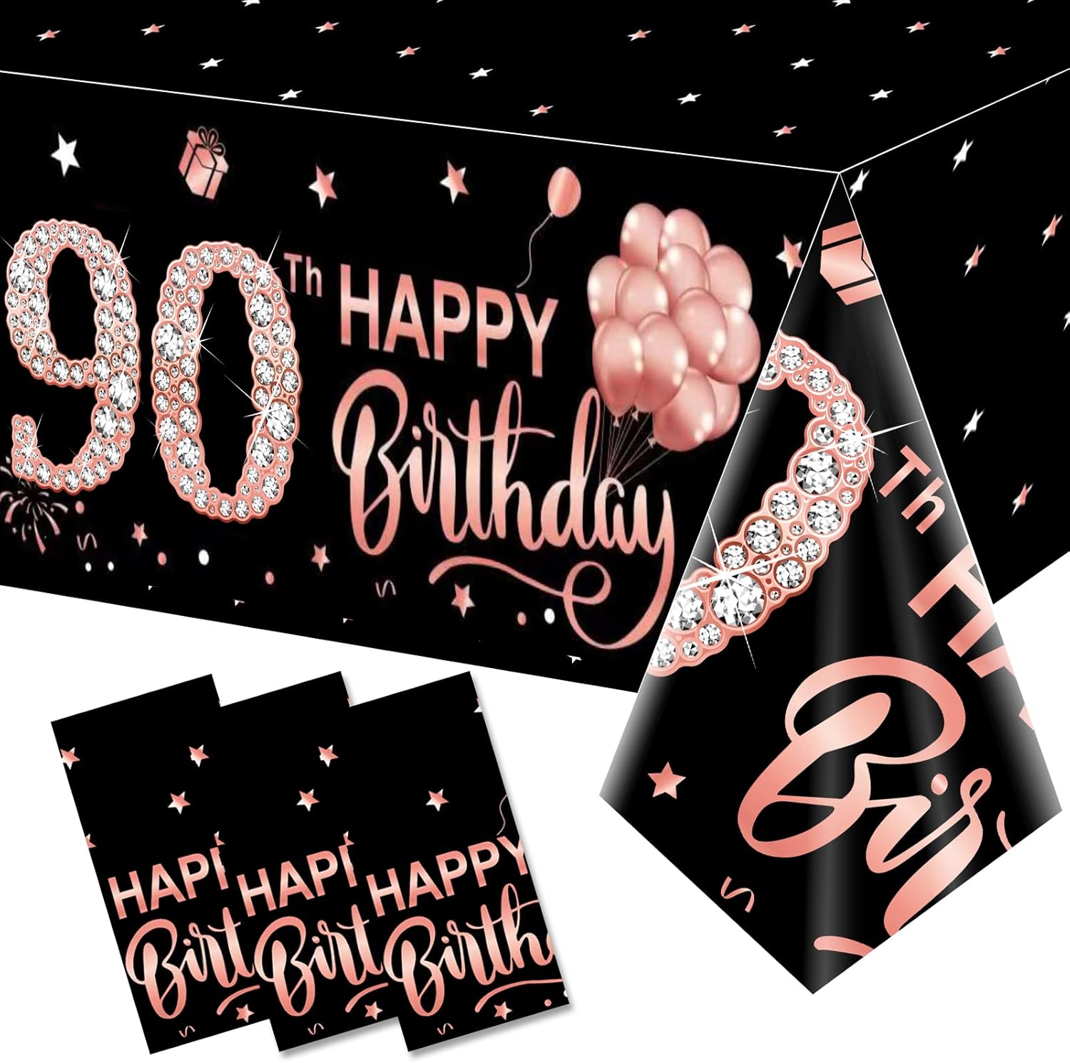3 Pack Rose Gold Happy 90th Birthday Table Cover