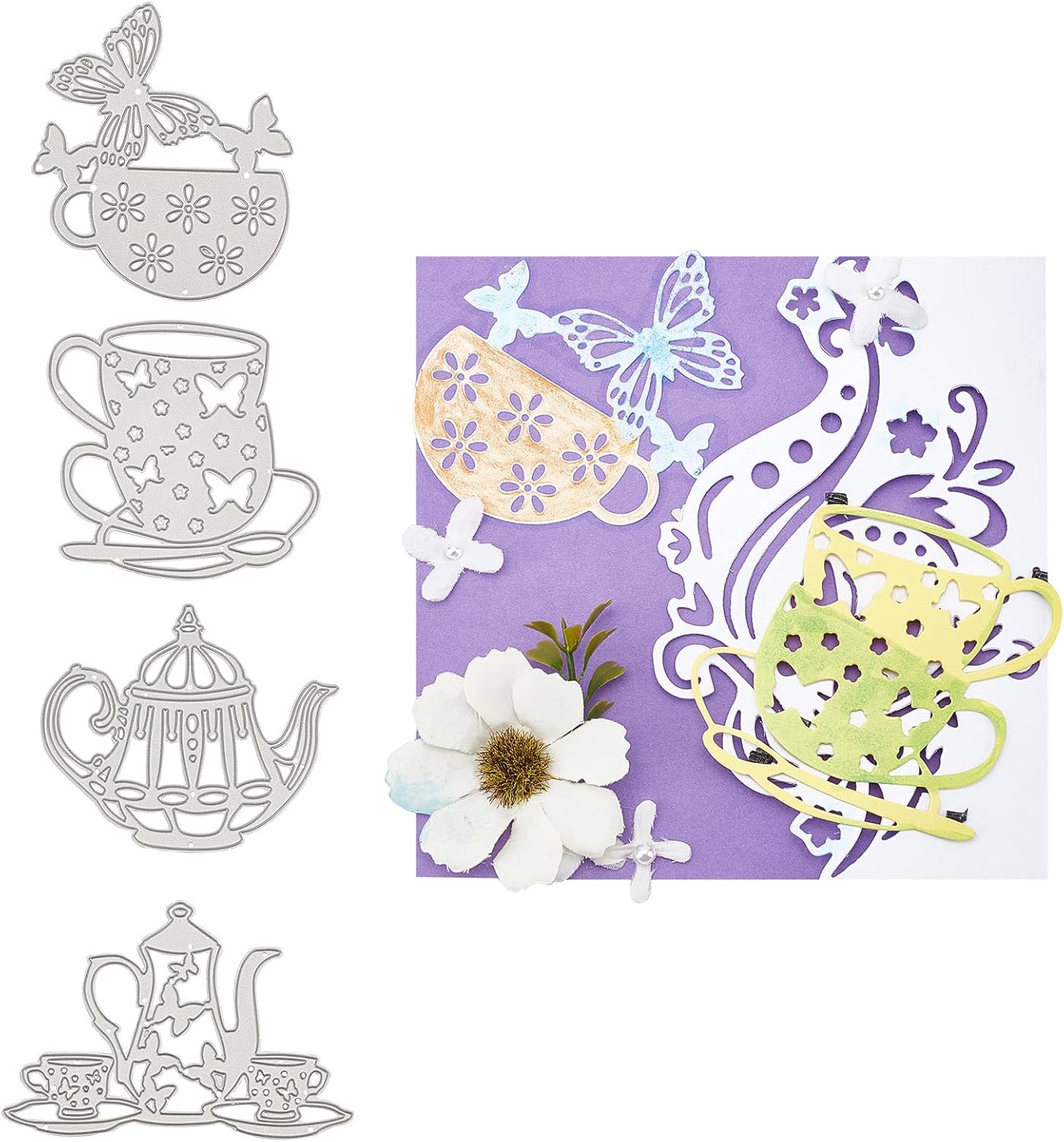 Globleland 4Pcs Tea Theme Die-Cutting Set for Scrapbooking and Card Crafts