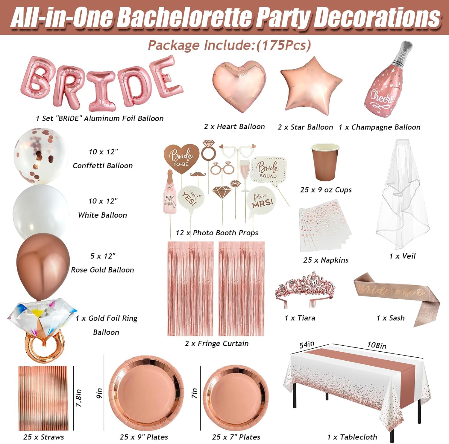 175Pcs Rose Gold Bridal Shower Decorations Kit