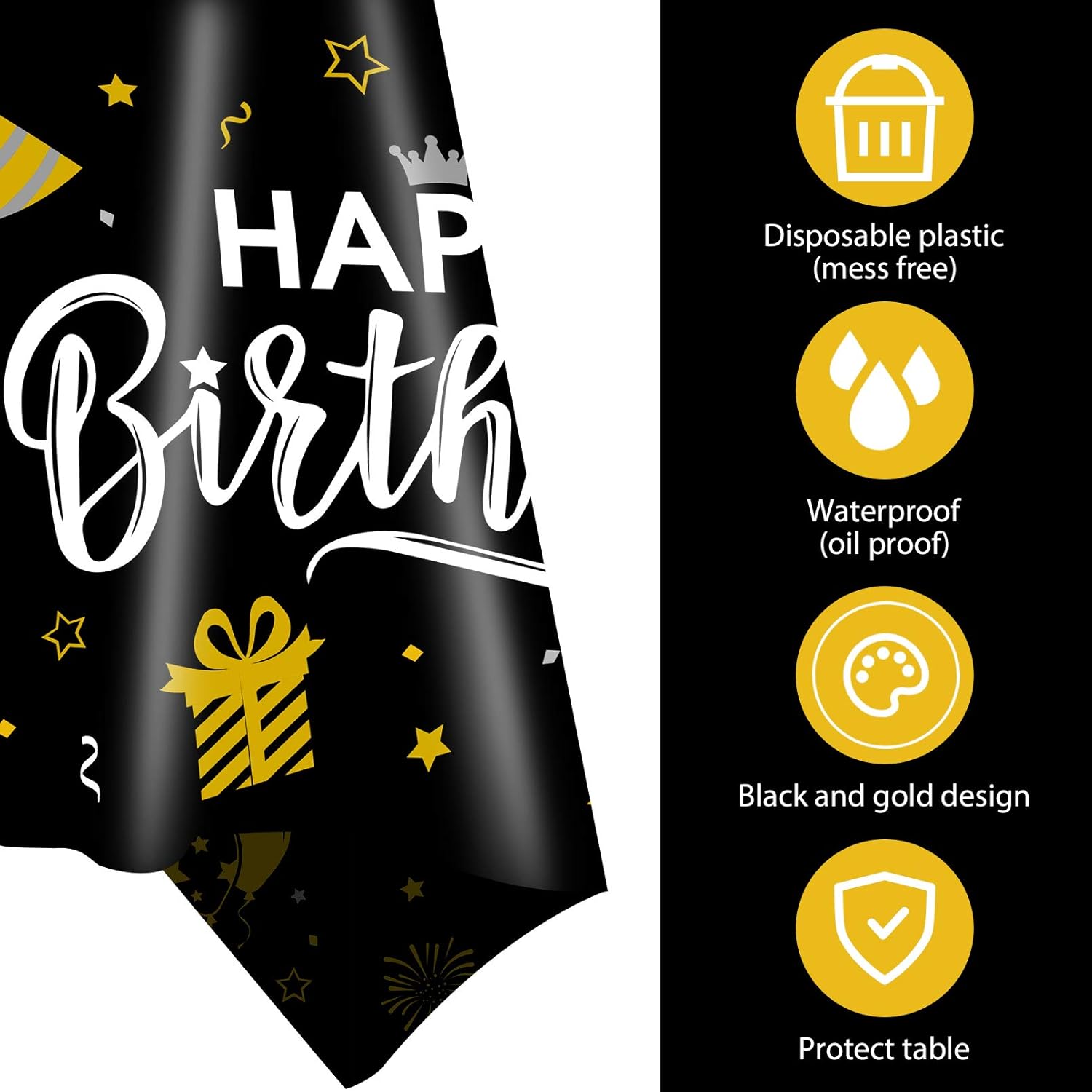 3pcs Black and Gold Birthday Tablecloth for Men Women