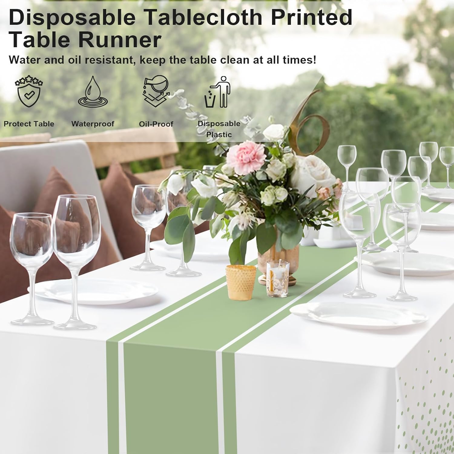 2 Pack White and Sage Green Tablecloth Party Decorations