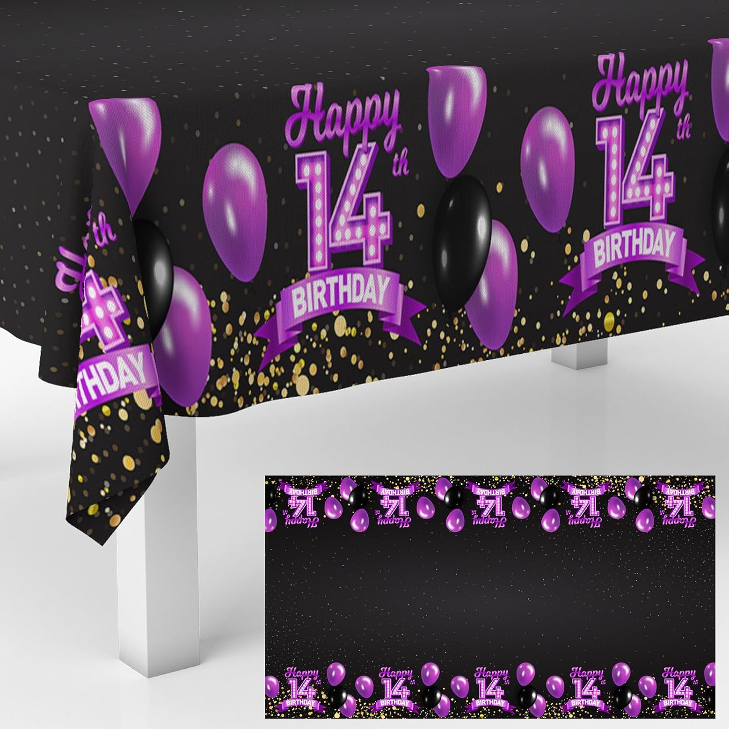 14th Birthday Tablecloth Purple Black Rectangle Glitter Decor