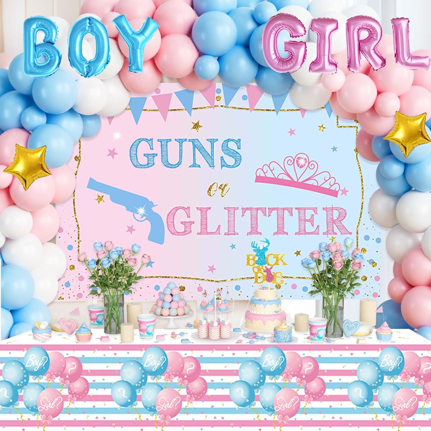Guns Or Glitter Gender Reveal Decor Set 228 Pieces
