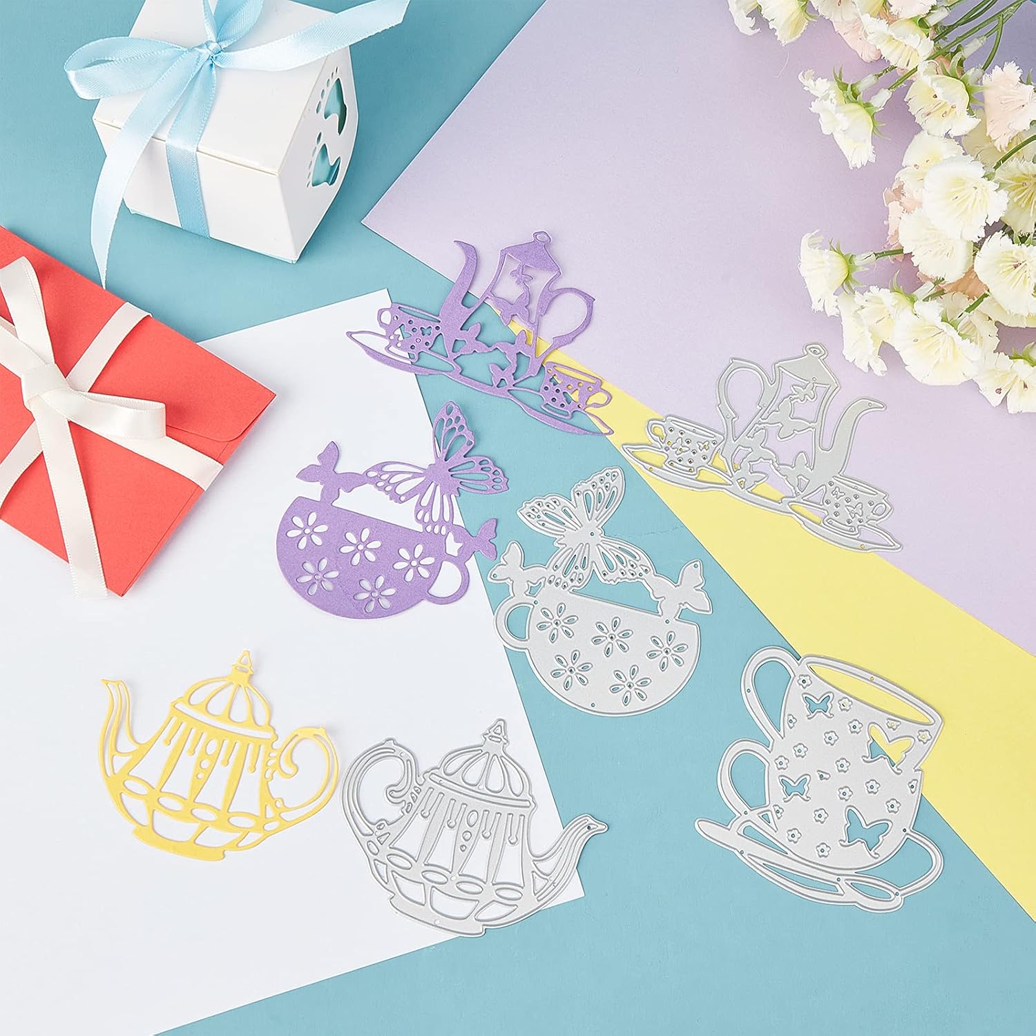 Globleland 4Pcs Tea Theme Die-Cutting Set for Scrapbooking and Card Crafts