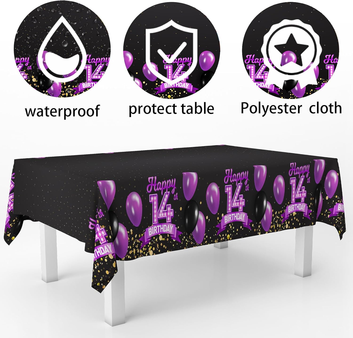 14th Birthday Tablecloth Purple Black Rectangle Glitter Decor