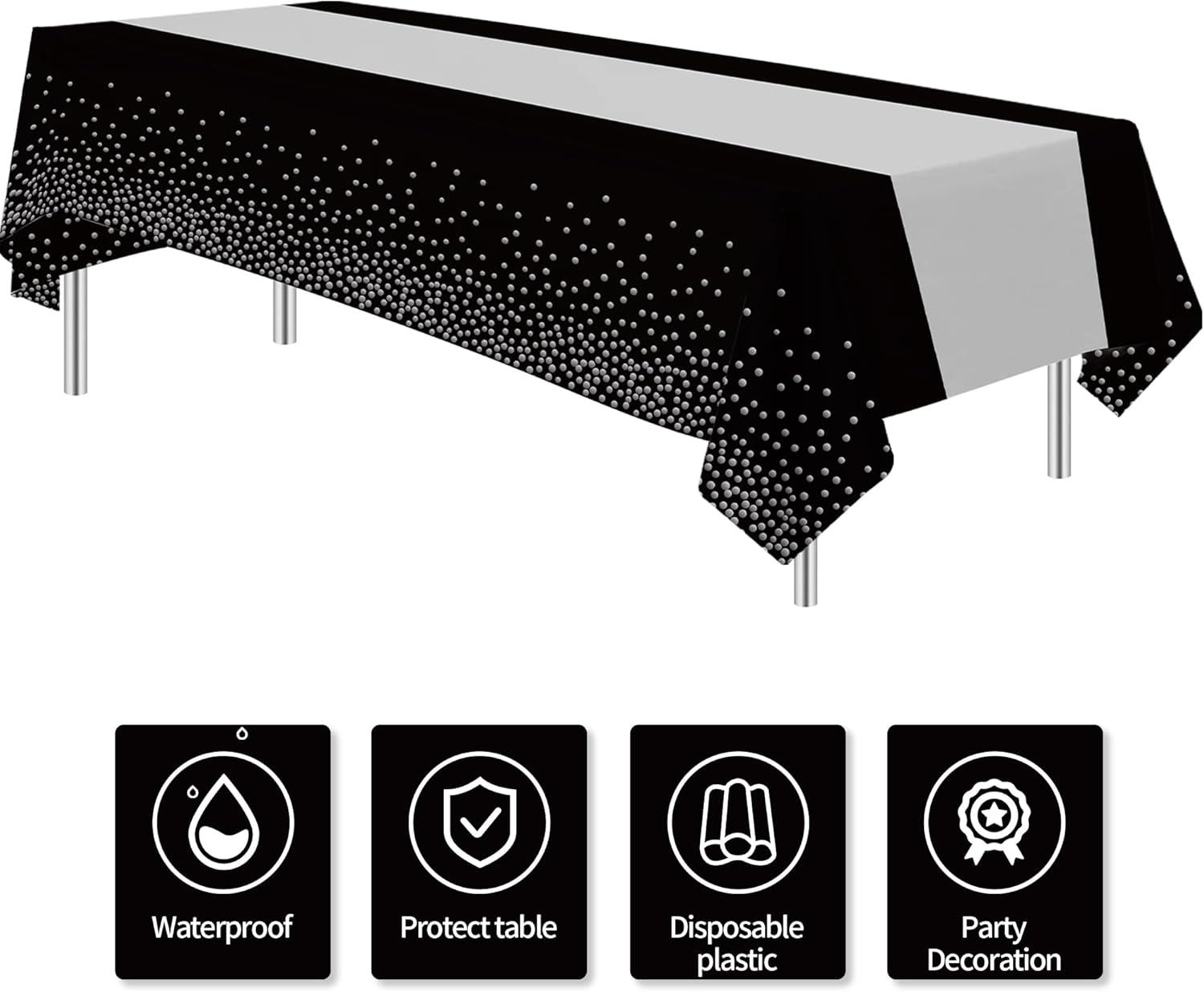 Black and Silver Party Tablecloth Decorations 3Pcs