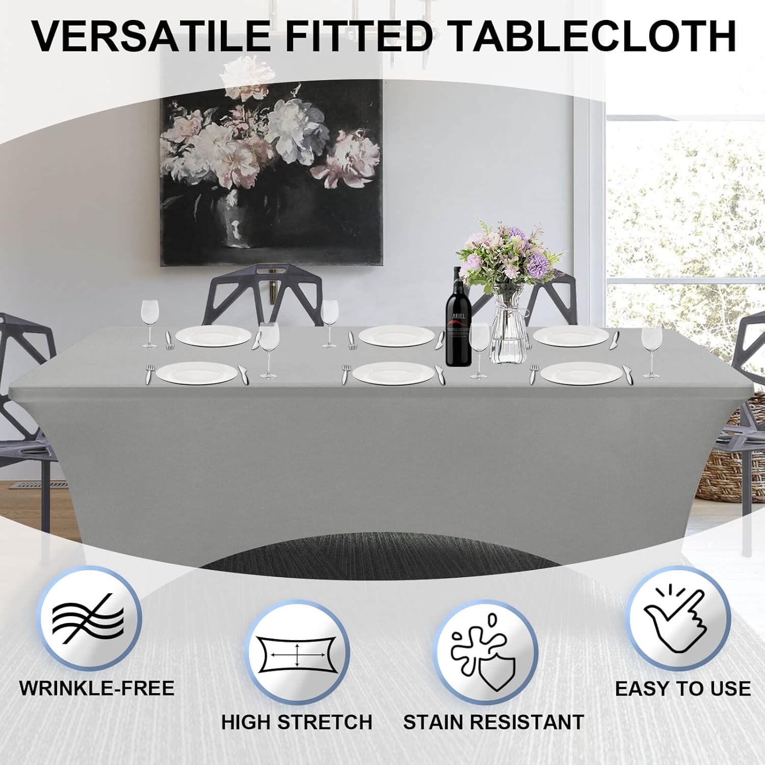 OutdoorLines Stretchy Light Gray Fitted Tablecloth for 4 Foot Table