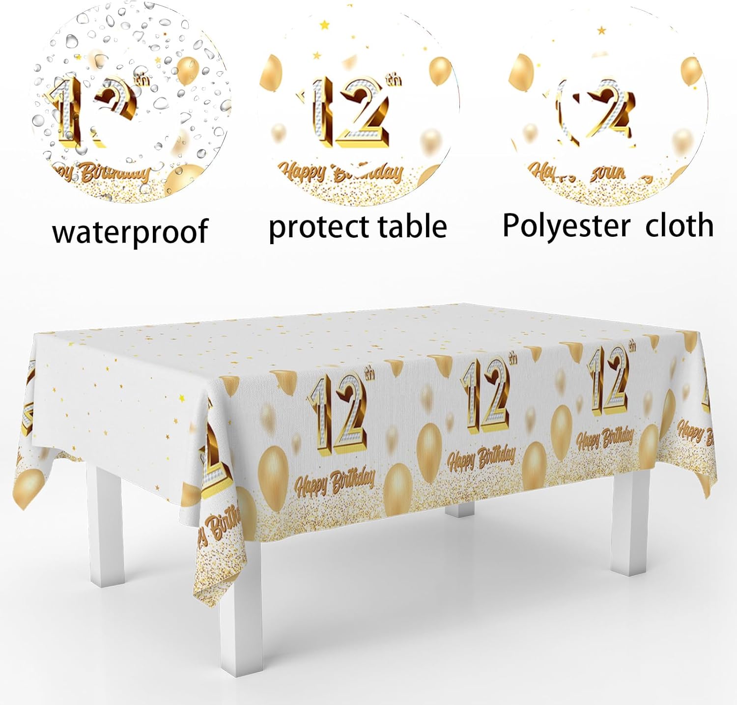12th Birthday Tablecloth White Gold Rectangle Party Decor