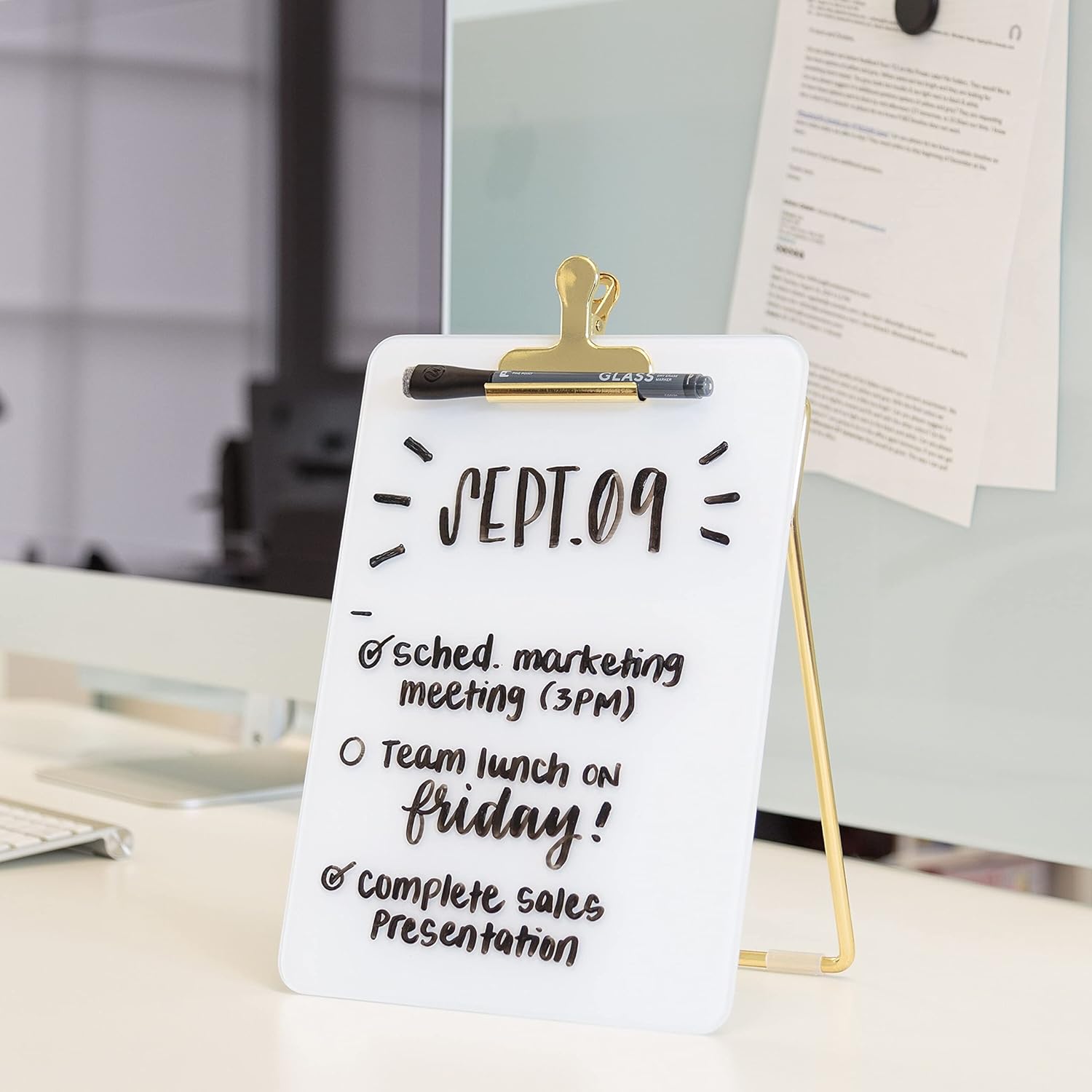 U Brands Dry-Erase Glass Easel with Gold Stand and Clip
