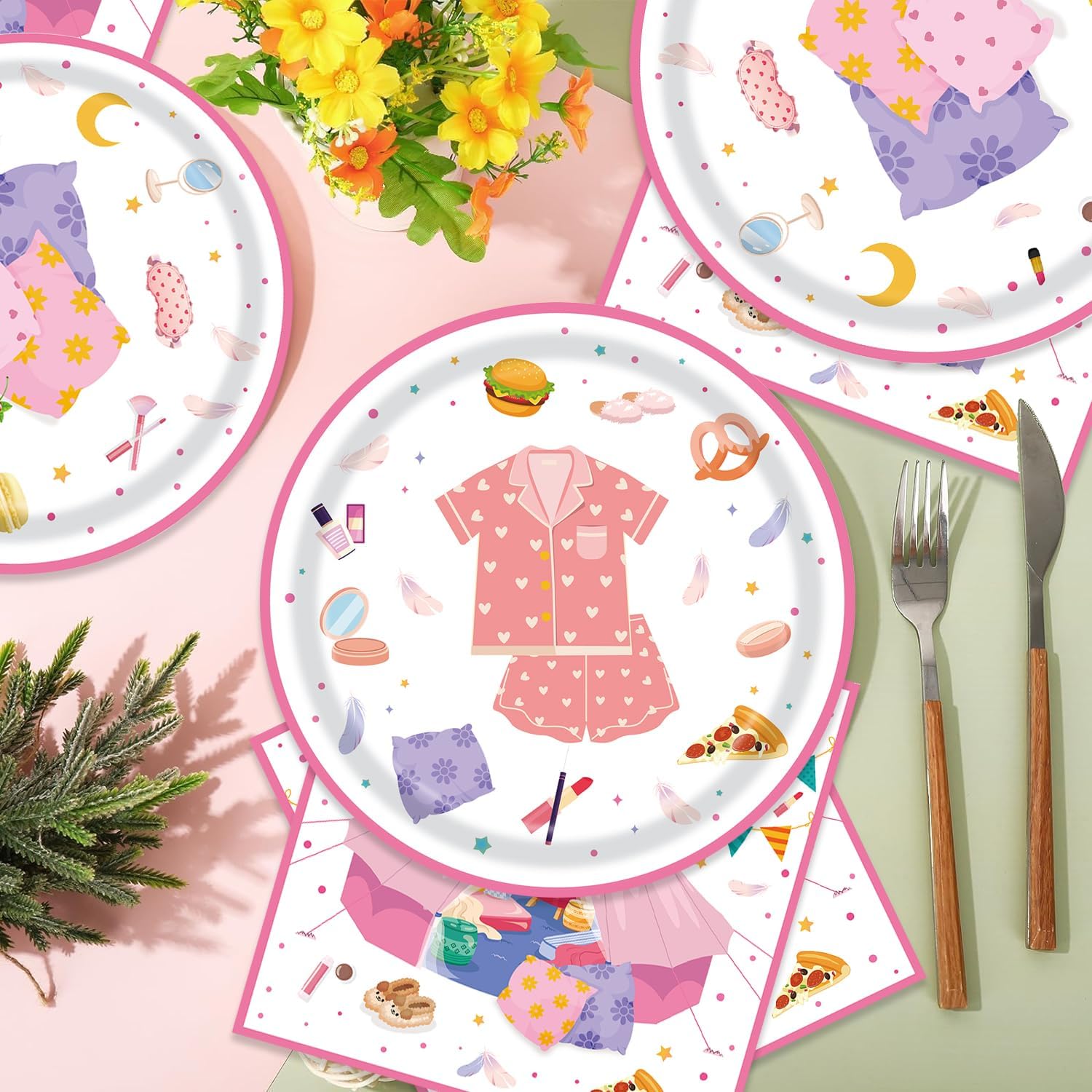 48Pcs Sleepover Party Tableware for 24 Guests