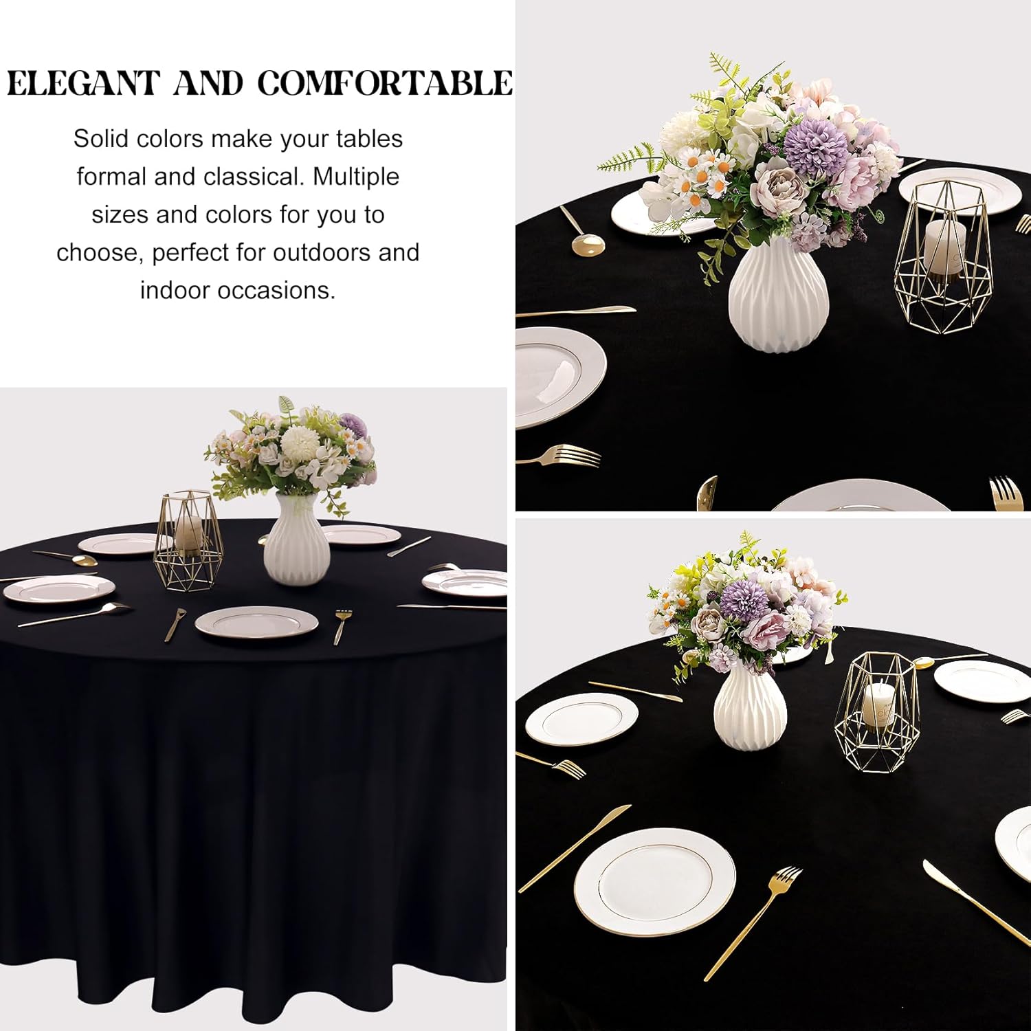 3 Pack 90 Inch Round Black Polyester Tablecloths for Events