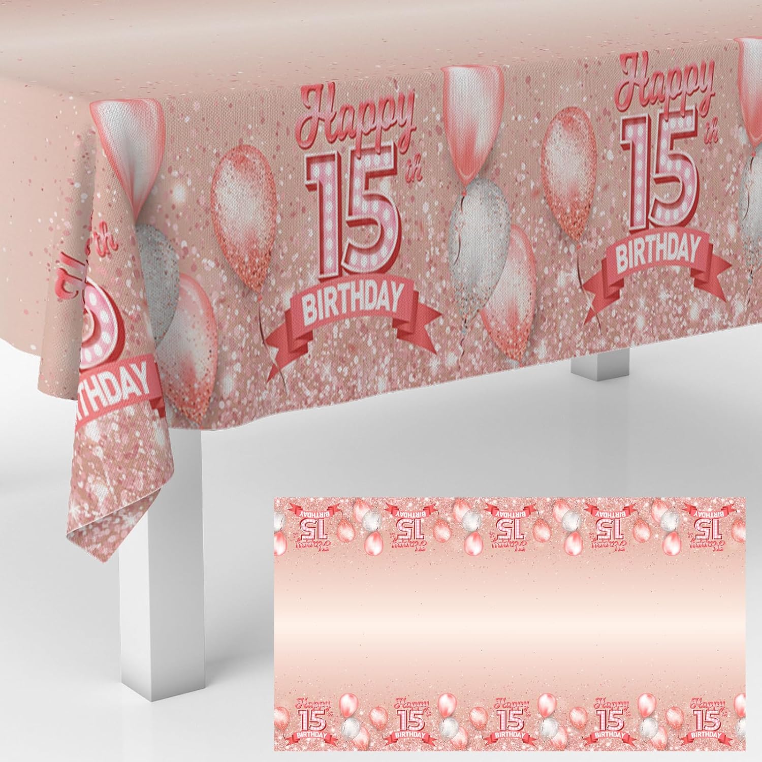 15th Birthday Glitter Tablecloth for Indoor Outdoor Events
