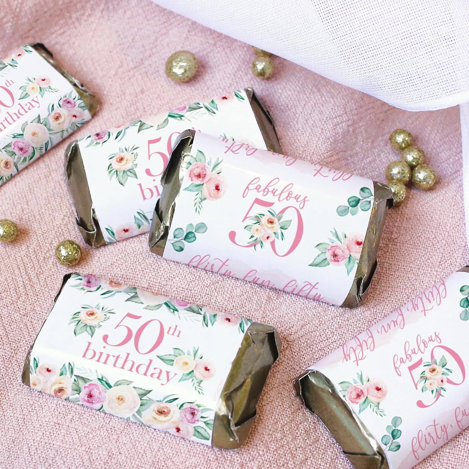 Pink Floral 50th Birthday Party Favor Wrappers 42 Count
