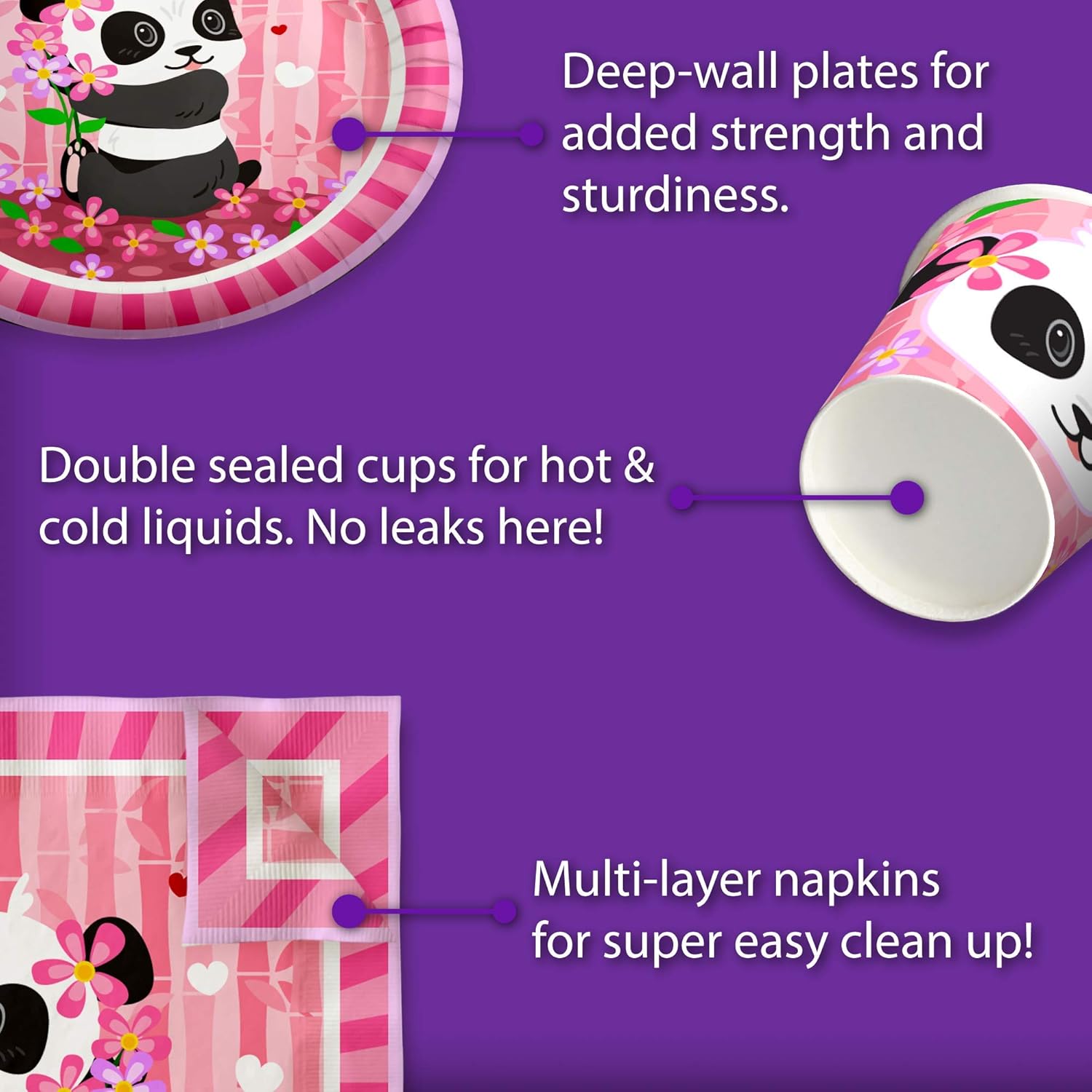 Pink Panda Birthday Party Supplies Set for 16