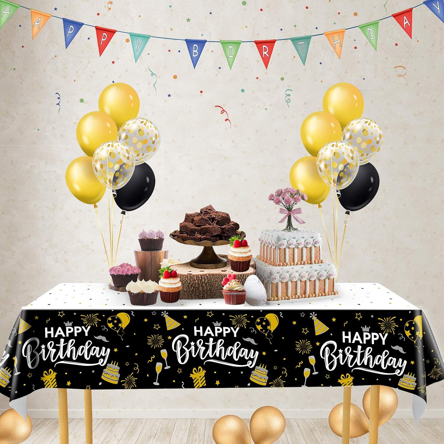 3pcs Black and Gold Birthday Tablecloth for Men Women