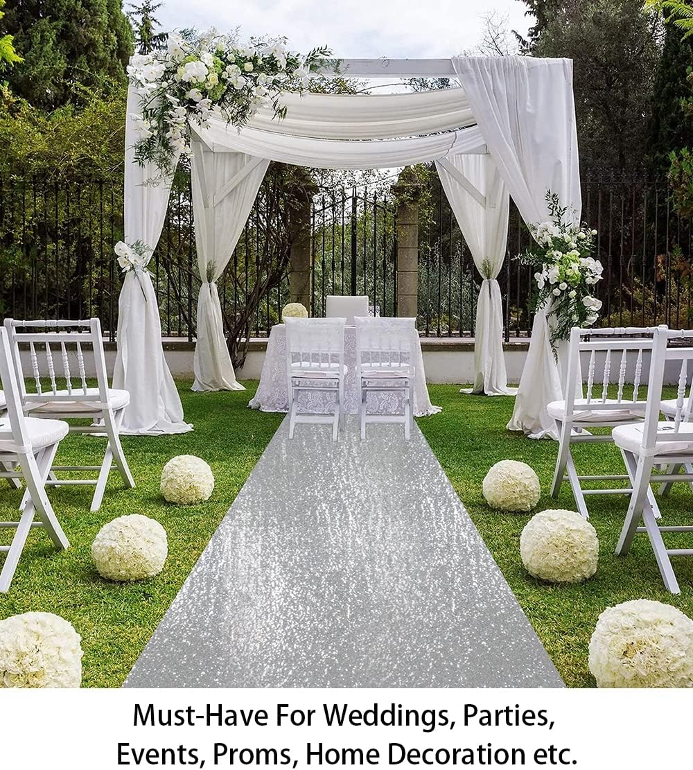 ShinyBeauty Silver Sequin Aisle Runner 36Inchx15FT