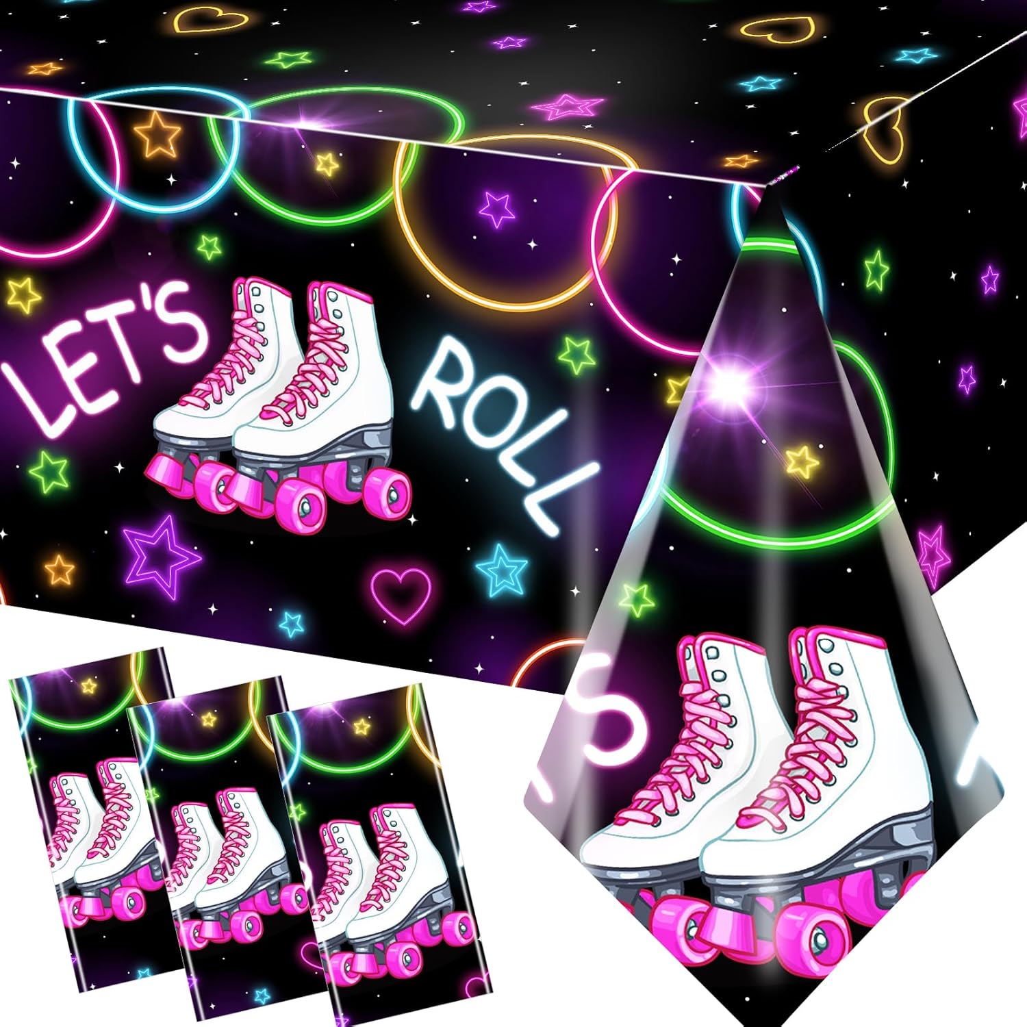 Roller Skating Birthday Tablecloths 3Pcs Neon Lets Roll Covers