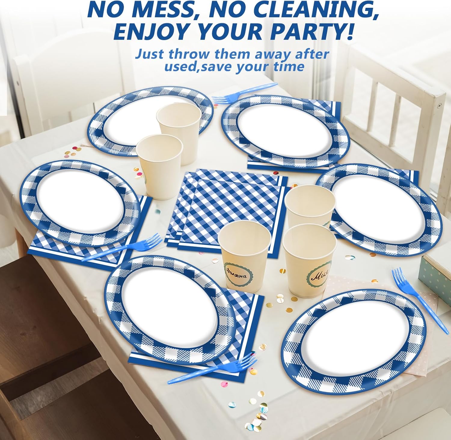 QOUBAI Gingham Oval Plates 11inch Blue White Checkered Set for 25 Guests