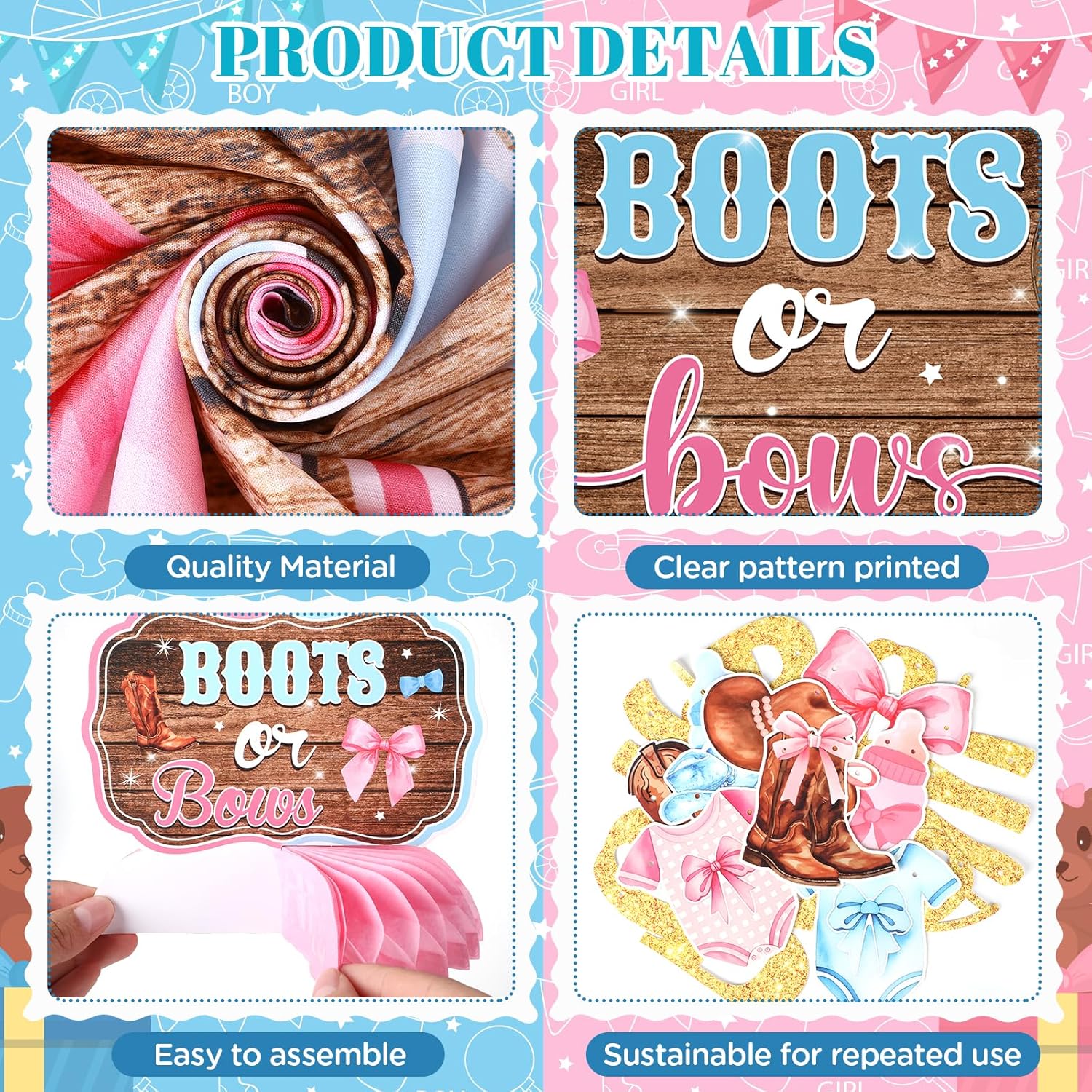 Boots Or Bows Gender Reveal Decor Kit 44 Pieces