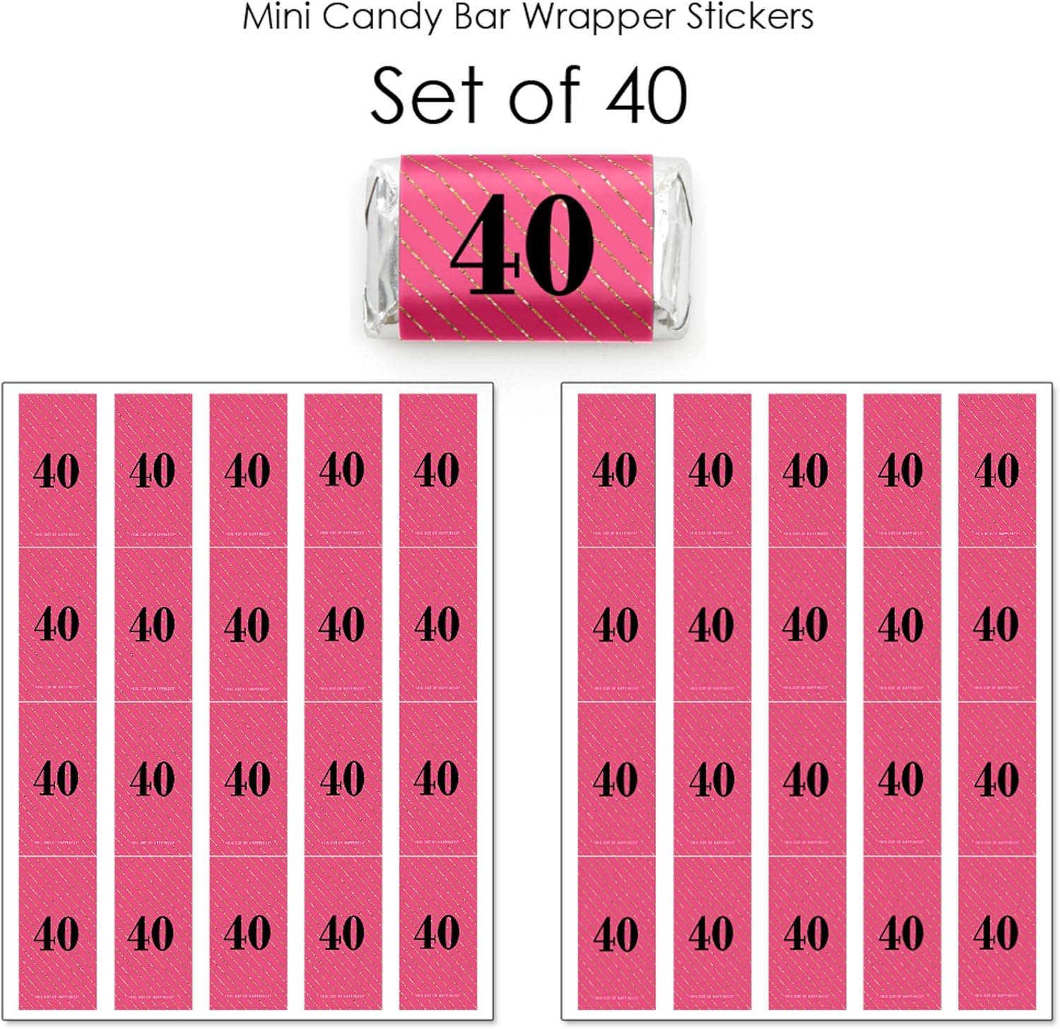 Chic 40th Birthday Pink Black Gold Mini Candy Bar Wrappers 40 Count