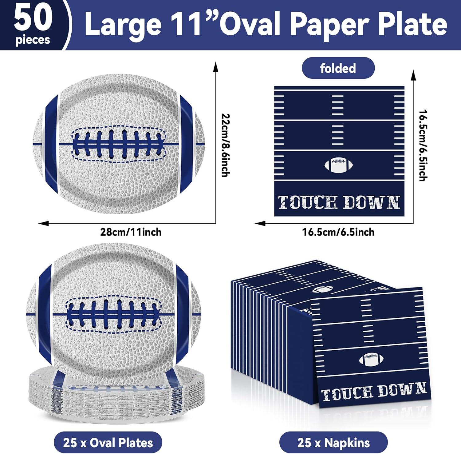 Football Oval Paper Plates 11inch for 25 Guests