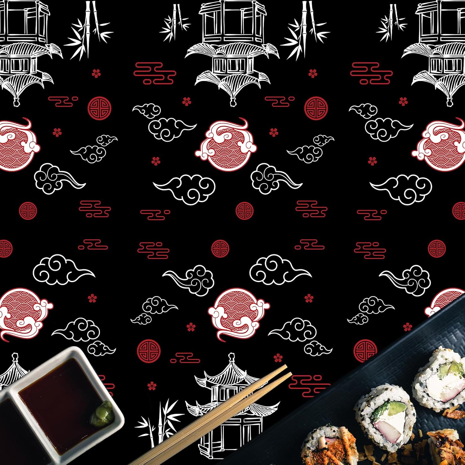 Hibachi Themed Table Covers 3 Pack for Asian Parties Black