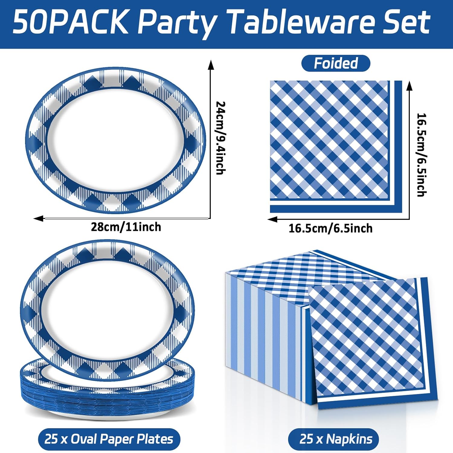 QOUBAI Gingham Oval Plates 11inch Blue White Checkered Set for 25 Guests