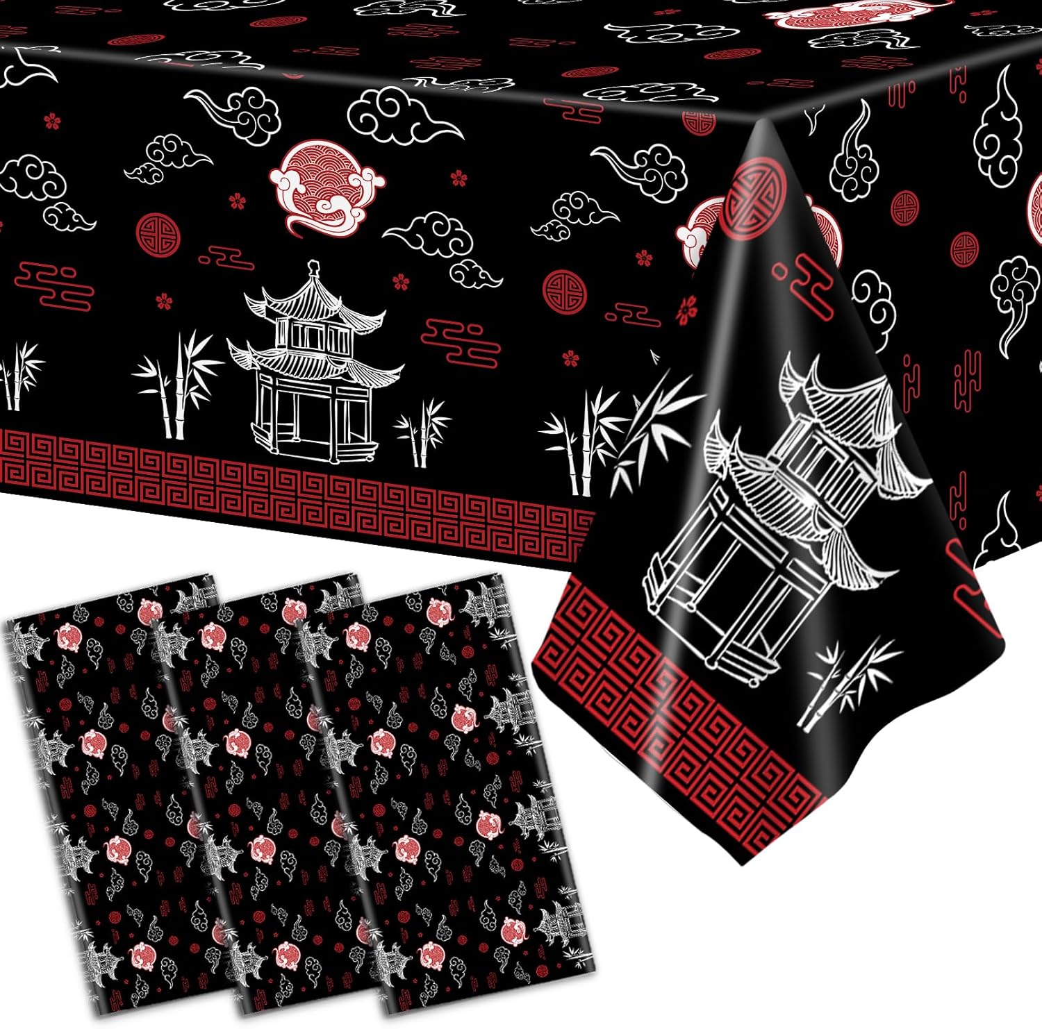 Hibachi Themed Table Covers 3 Pack for Asian Parties Black