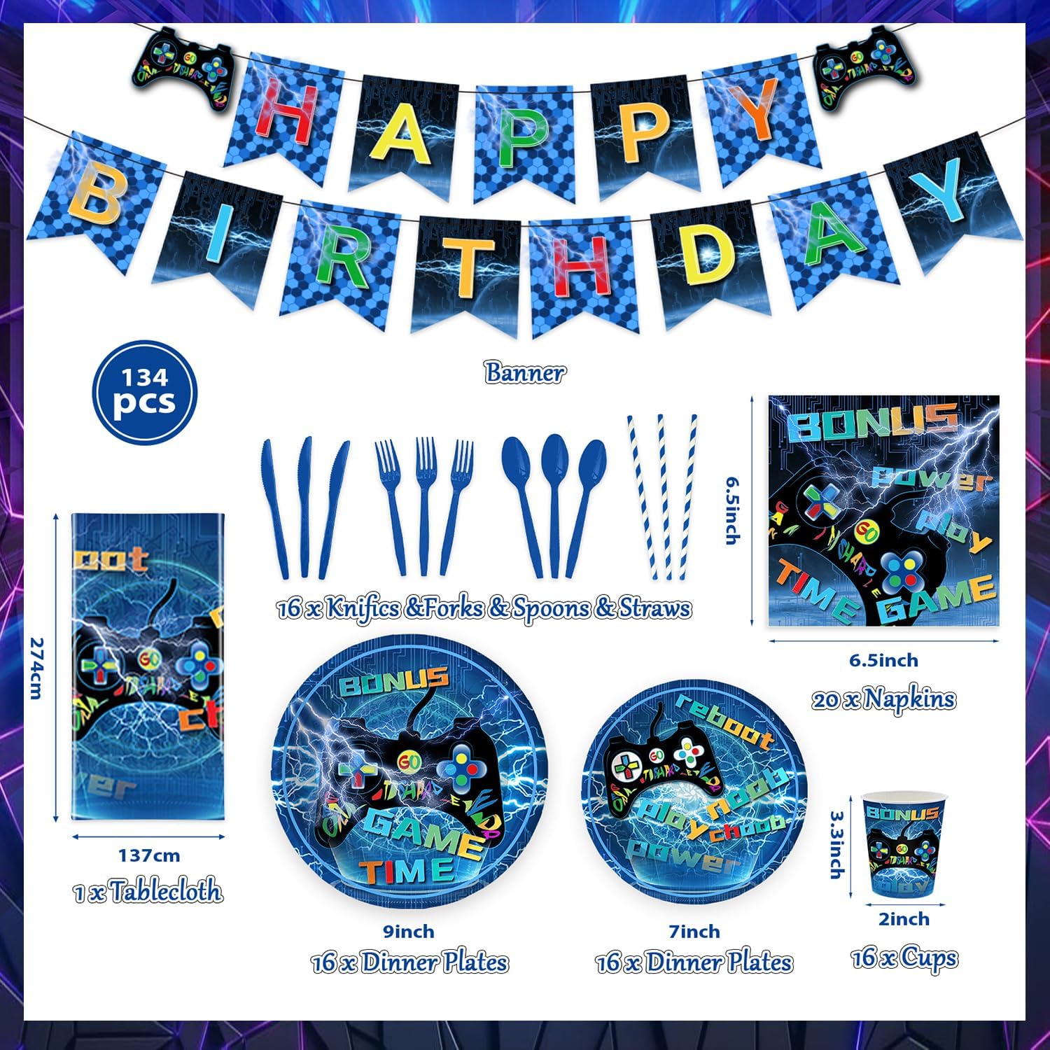 Video Game Birthday Decorations Set 134pcs Gamer Party Supplies