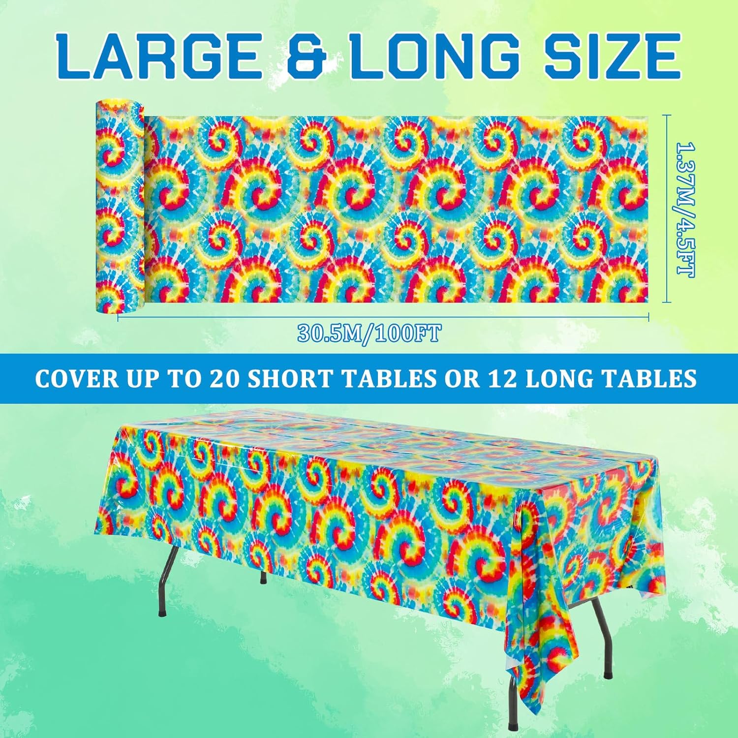 100 Ft Tie Dye Tablecloth Roll Rainbow Swirls Decor