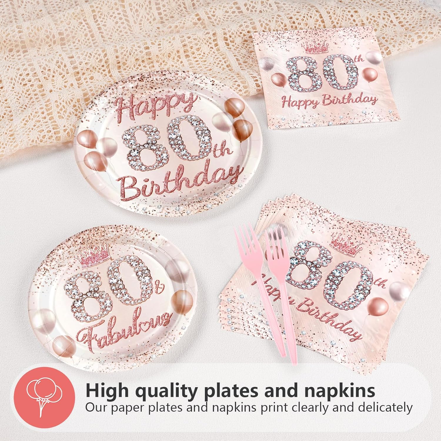 Grencian 96 Pcs 80th Birthday Tableware Set Rose Gold