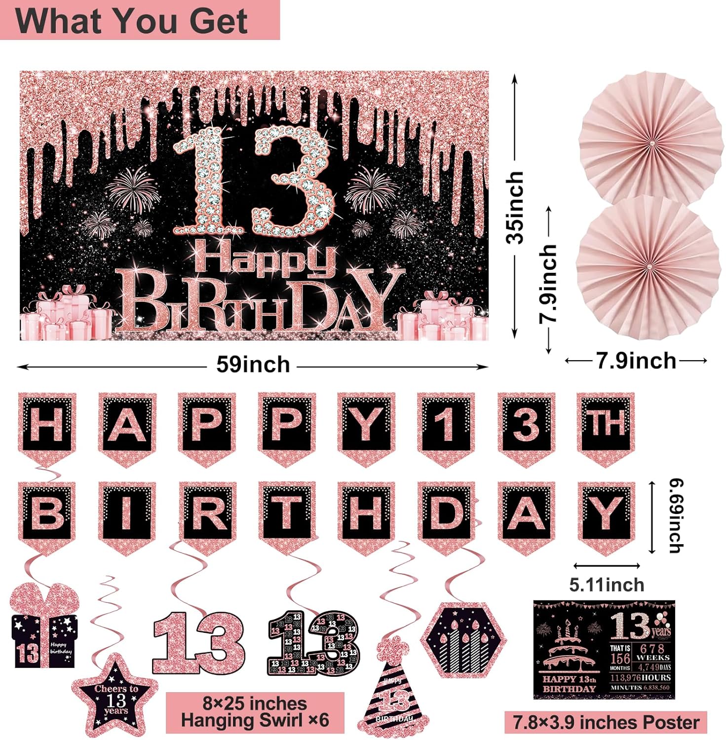 13th Birthday Decorations for Girls 32PCS Party Kit