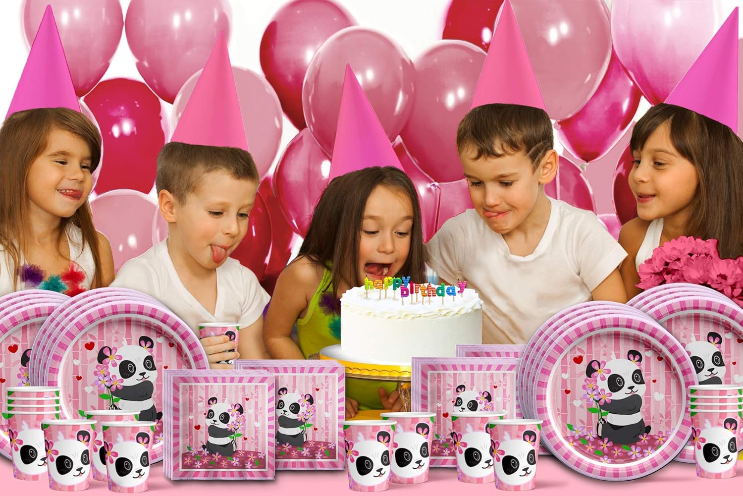 Pink Panda Birthday Party Supplies Set for 16
