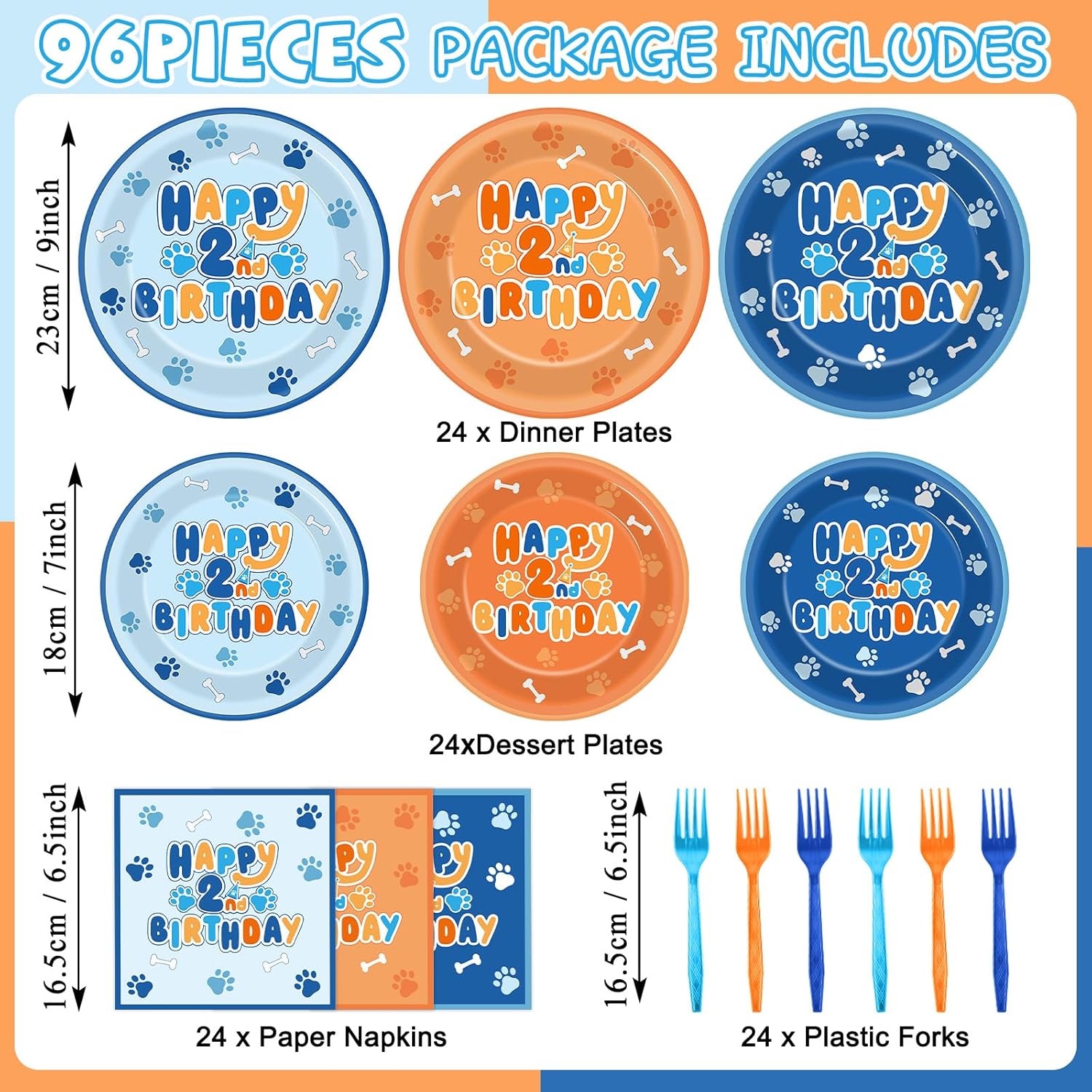 96Pcs Blue Dog 2nd Birthday Party Plates Napkins Decorations