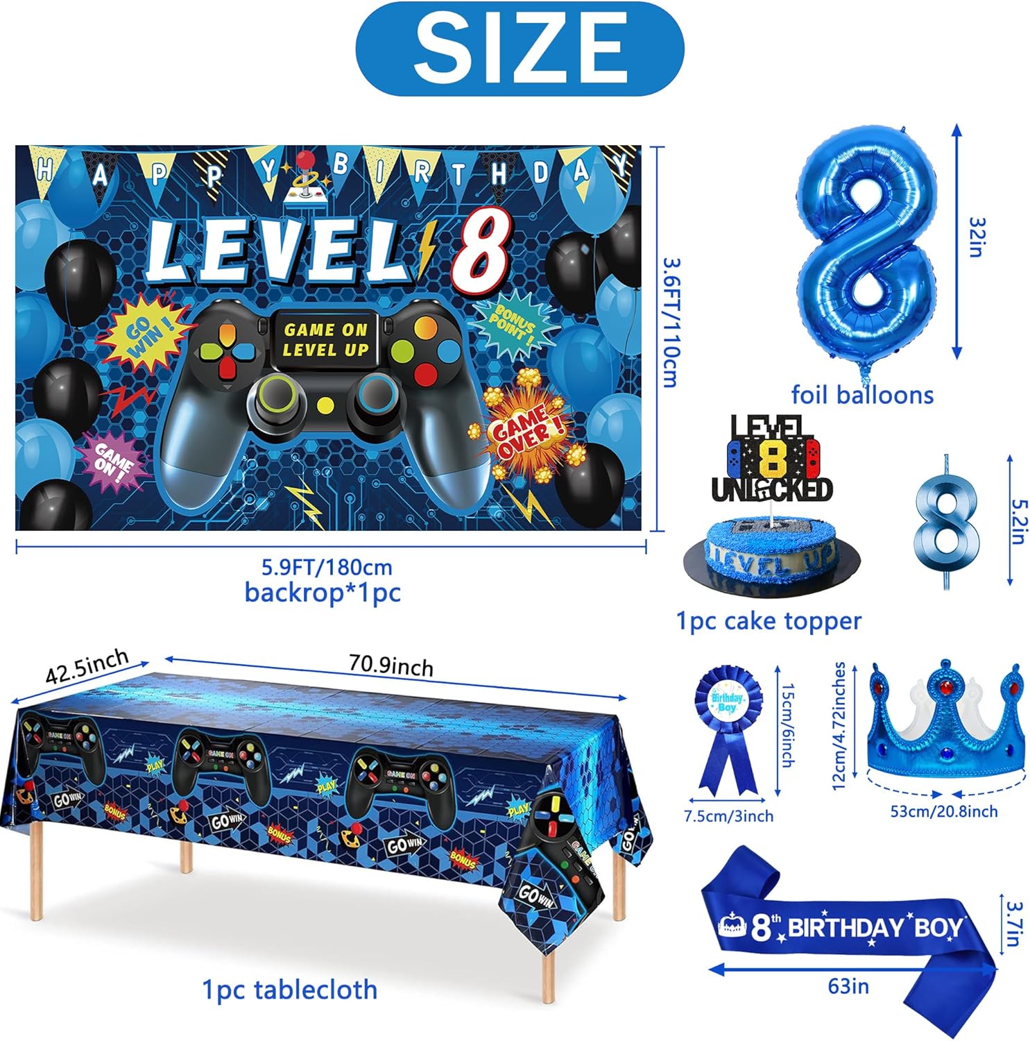 Blue Gamer 8th Birthday Decor Set for Boys
